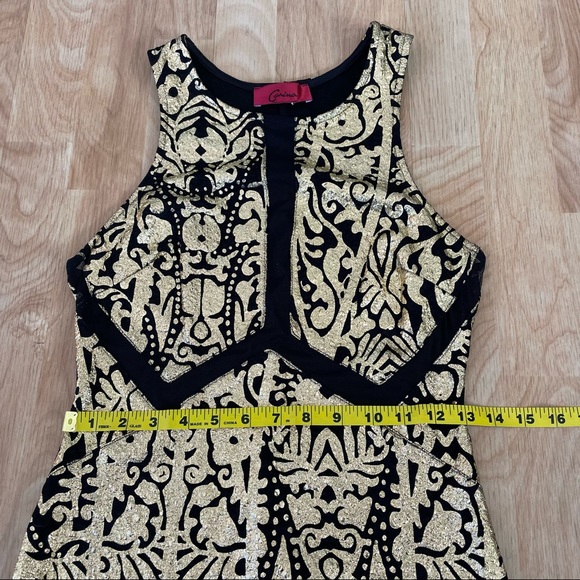 Carina Black and Gold Filigree Baroque High Neck Bodycon Cocktail Dress - Picture 13 of 15